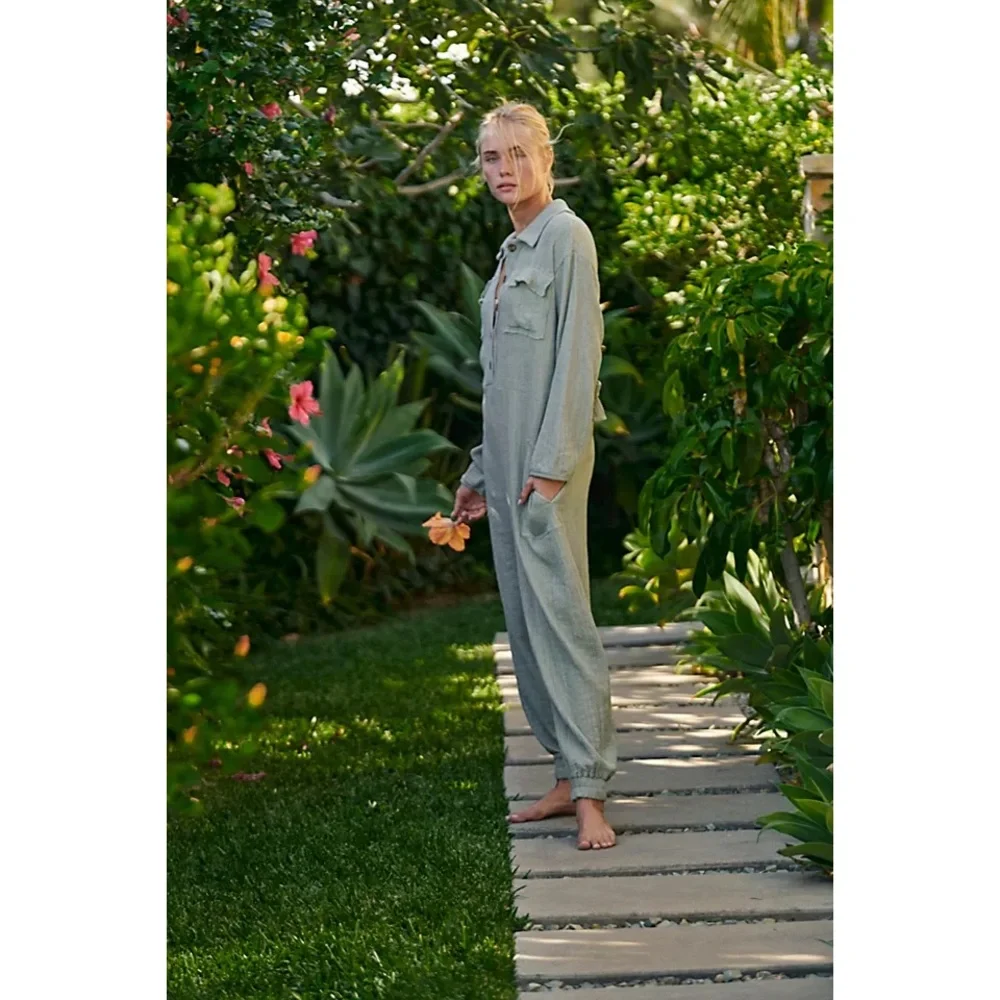 Free People Beach Calico One Piece Utility Jumpsuit - Sage Green
